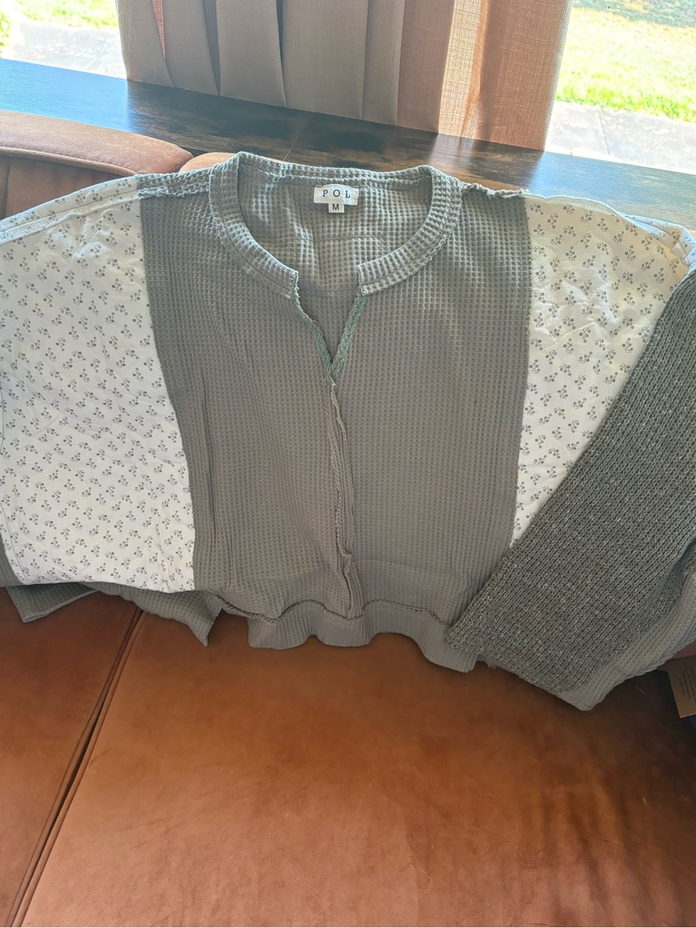 POL Women's Olive Green Waffle-Knit Pullover with Cream Patterned Panels
